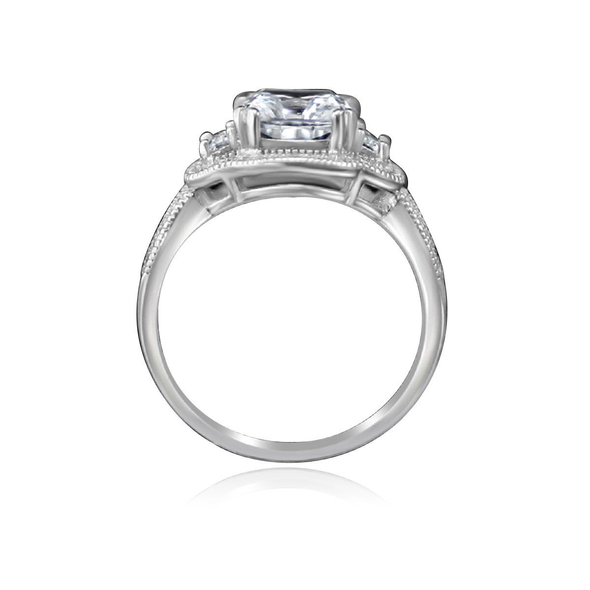 2.5 CT cushion-cut cubic zirconia vintage halo three-stone ring in sterling silver, profile view, 635R4004