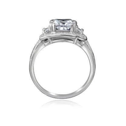2.5 CT cushion-cut cubic zirconia vintage halo three-stone ring in sterling silver, profile view, 635R4004