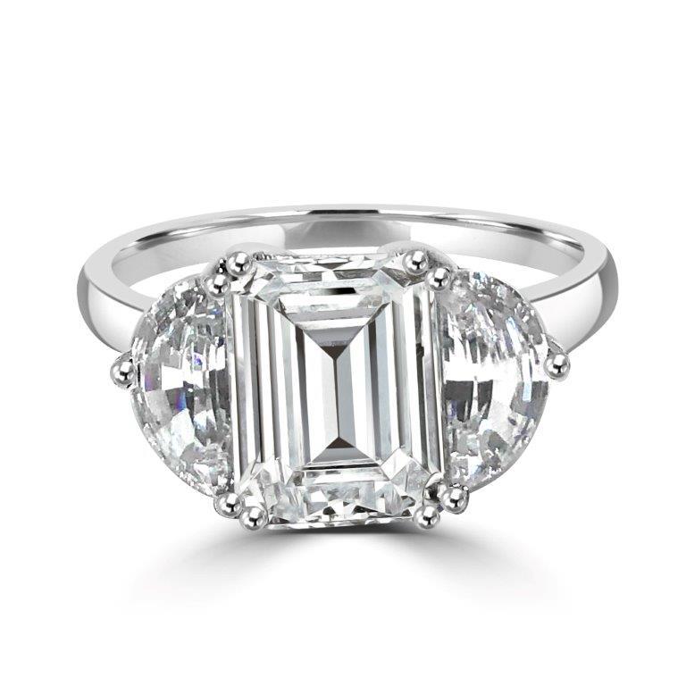 2.5 CT emerald-cut cubic zirconia three-stone ring in sterling silver, front view, 635R71209