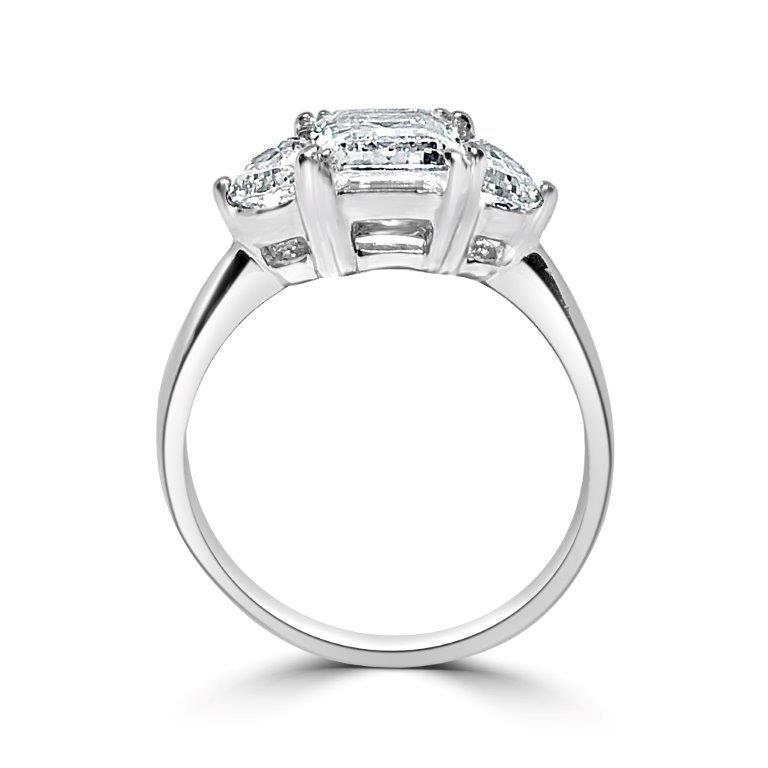 2.5 CT emerald-cut cubic zirconia three-stone ring in sterling silver, profile view, 635R71209