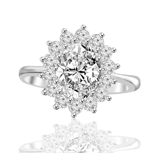 2.5 CT oval cubic zirconia halo engagement ring in sterling silver, front view, 635R3229