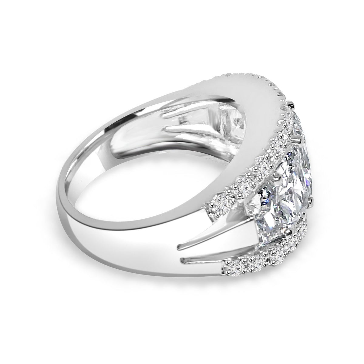 2.5 CT radiant-cut cubic zirconia wide band ring in sterling silver, angled view, 635R71446