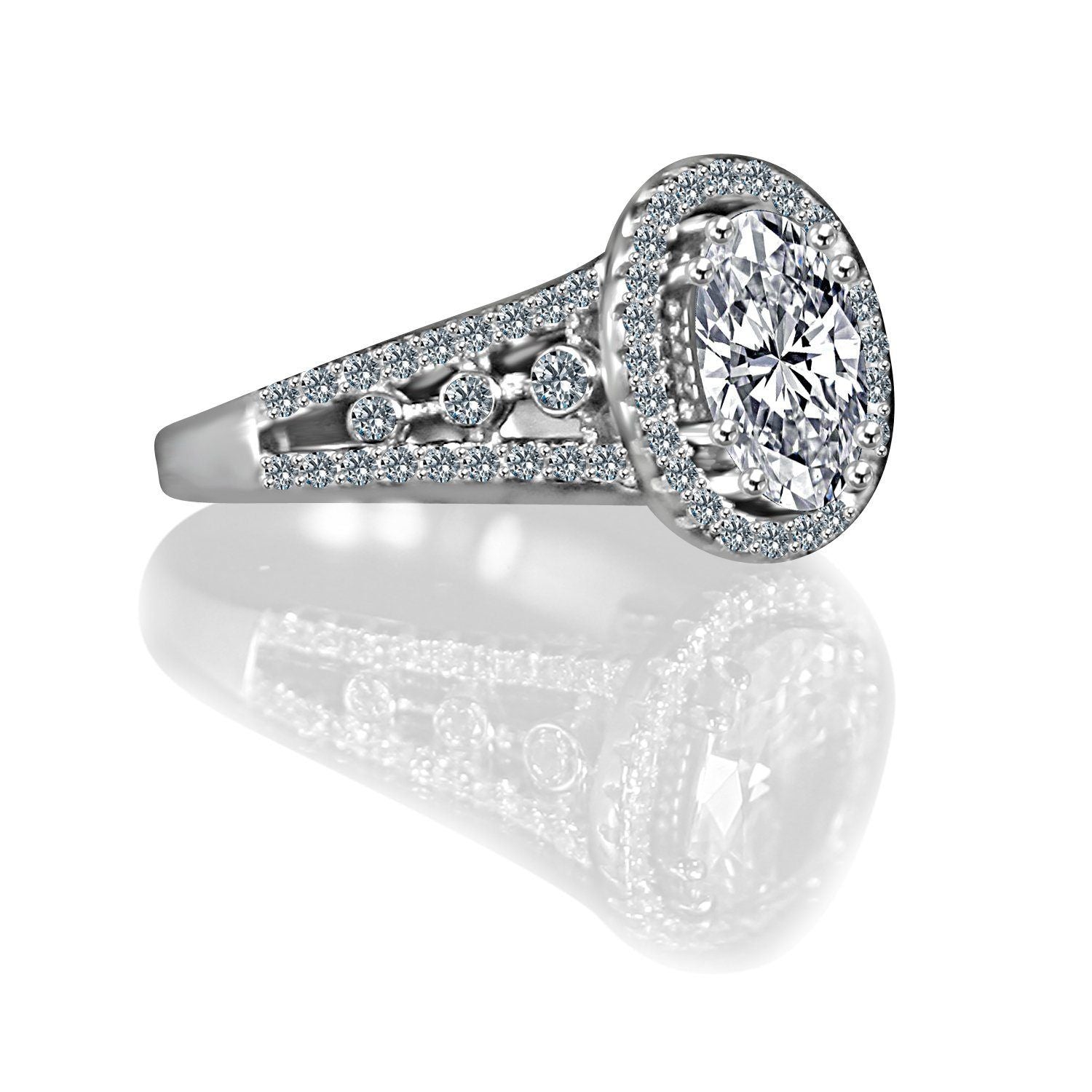 2.5 CT. Intensley Radiant Oval Diamond Veneer Cubic Zirconia Split Shank Floating Halo Set in Sterling Silver Engagement Ring. 635R4011