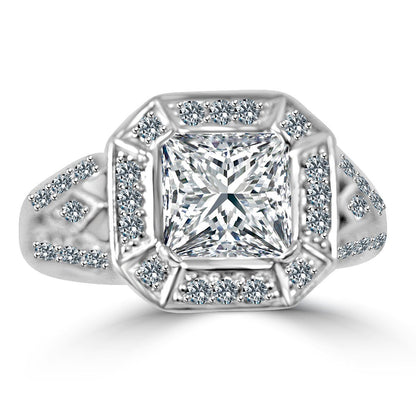 2.5CT Square Cushion w/halo Diamond Veneer Cubic Zirconia Vintage Sterling Silver Ring. 635R12550