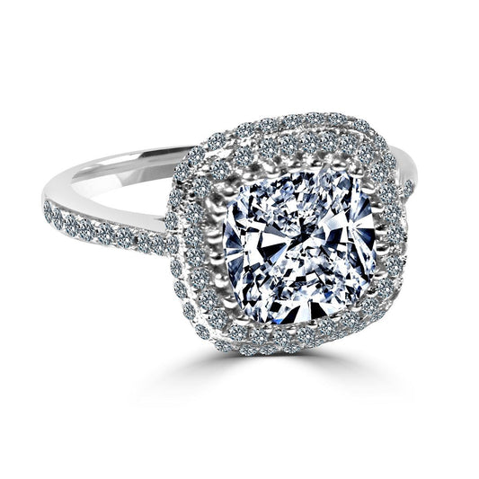 2 CT cushion-cut cubic zirconia halo ring in sterling silver, angled view, 635R0249