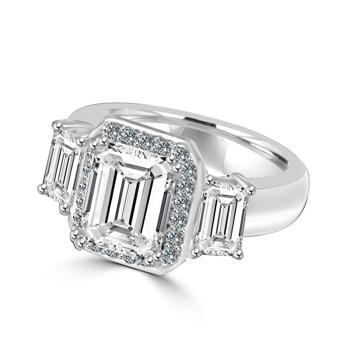 2 CT emerald-cut cubic zirconia ring with side baguettes in sterling silver, angled view, 635R72227