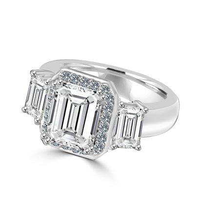 2 CT emerald-cut cubic zirconia ring with side baguettes in sterling silver, angled view, 635R72227