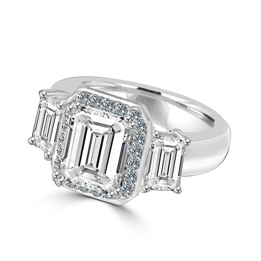 2 CT emerald-cut cubic zirconia ring with side baguettes in sterling silver, angled view, 635R72227