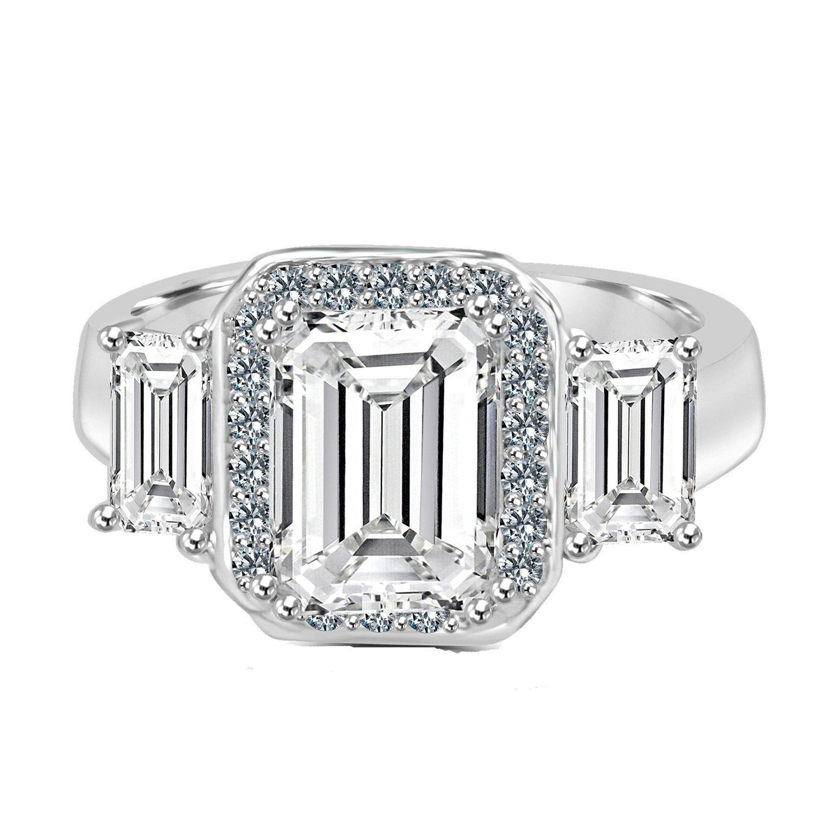 2 CT emerald-cut cubic zirconia ring with side baguettes in sterling silver, front view, 635R72227