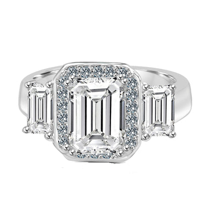 2 CT emerald-cut cubic zirconia ring with side baguettes in sterling silver, front view, 635R72227