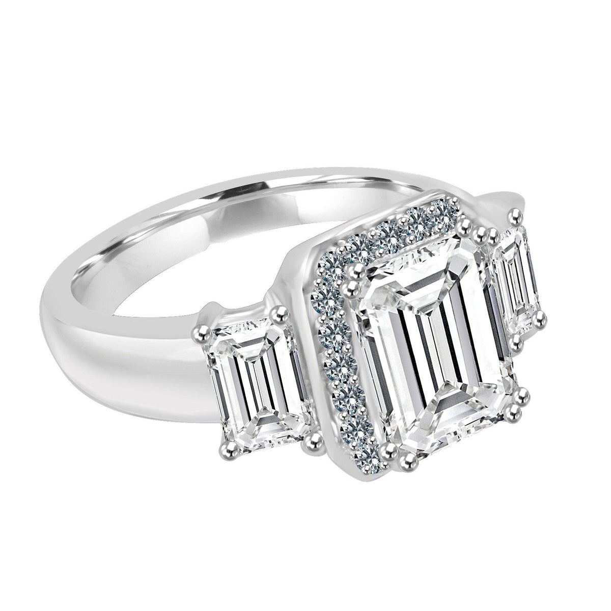 2 CT emerald-cut cubic zirconia ring with side baguettes in sterling silver, side angled view, 635R72227