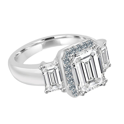 2 CT emerald-cut cubic zirconia ring with side baguettes in sterling silver, side angled view, 635R72227