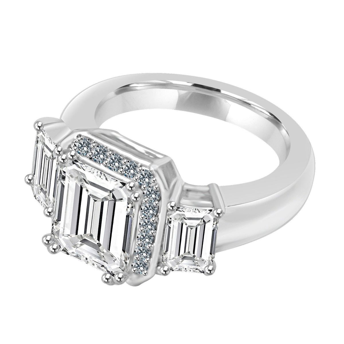 2 CT emerald-cut cubic zirconia ring with side baguettes in sterling silver, three-quarter view, 635R72227