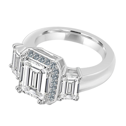 2 CT emerald-cut cubic zirconia ring with side baguettes in sterling silver, three-quarter view, 635R72227