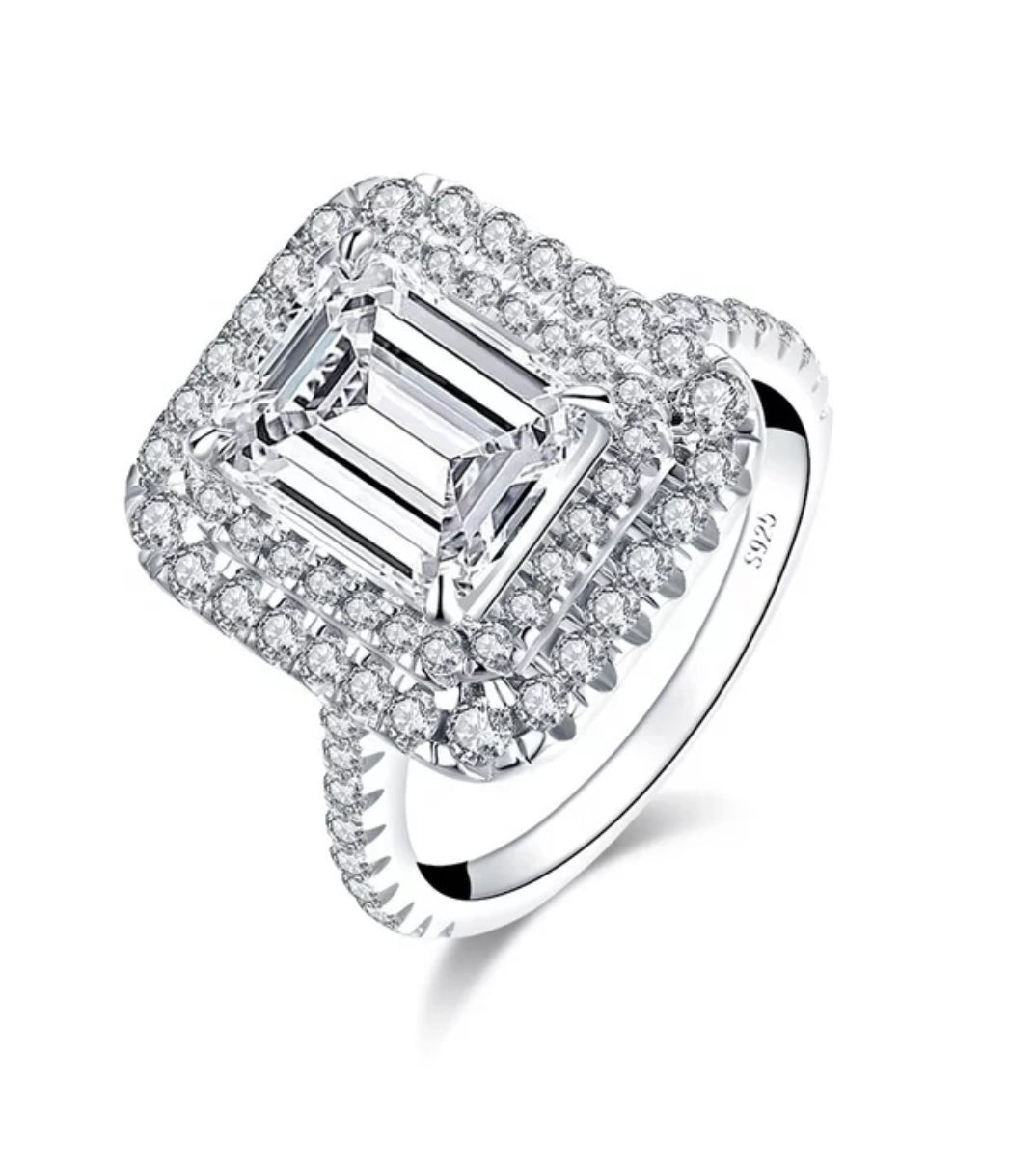 2 CT emerald-cut cubic zirconia double halo ring in sterling silver, alternate view, 635R0247