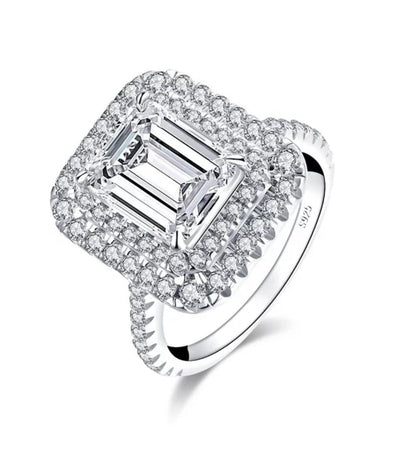 2 CT emerald-cut cubic zirconia double halo ring in sterling silver, alternate view, 635R0247