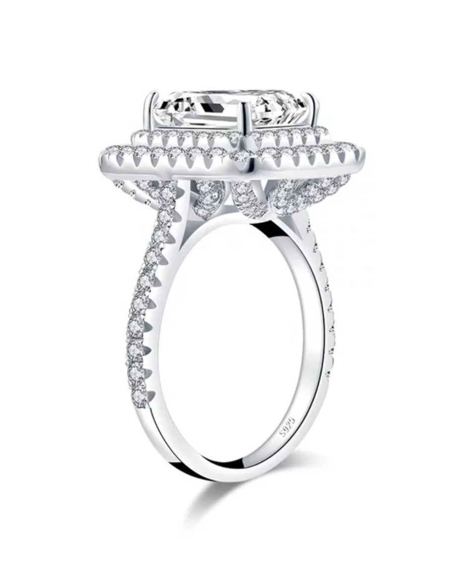2 CT emerald-cut cubic zirconia double halo ring in sterling silver, alternate view, 635R0247