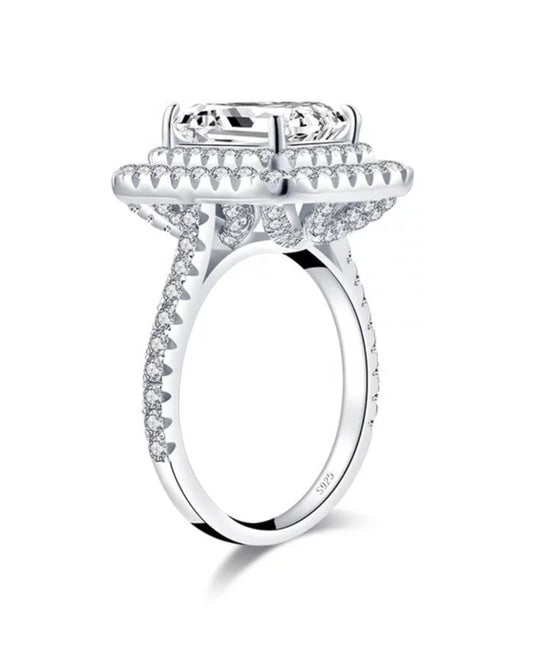 2 CT emerald-cut cubic zirconia double halo ring in sterling silver, alternate view, 635R0247