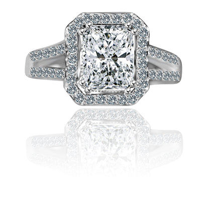2 CT emerald-cut cubic zirconia split shank halo ring in sterling silver, front view, 635R4013