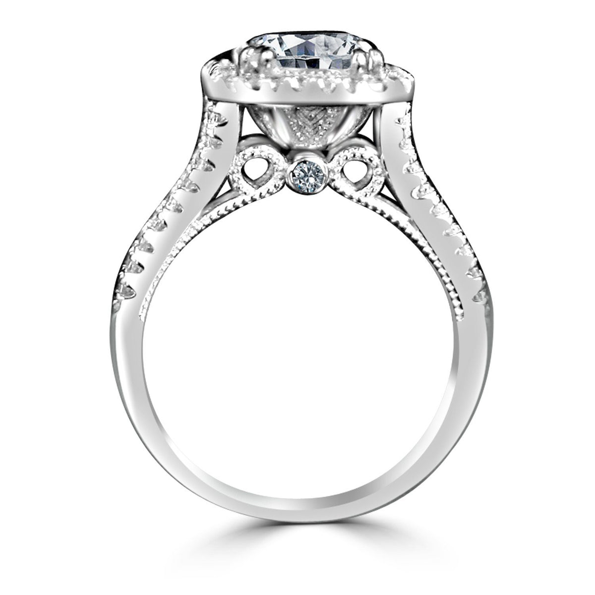 2 CT emerald-cut cubic zirconia split shank halo ring in sterling silver, profile view, 635R4013