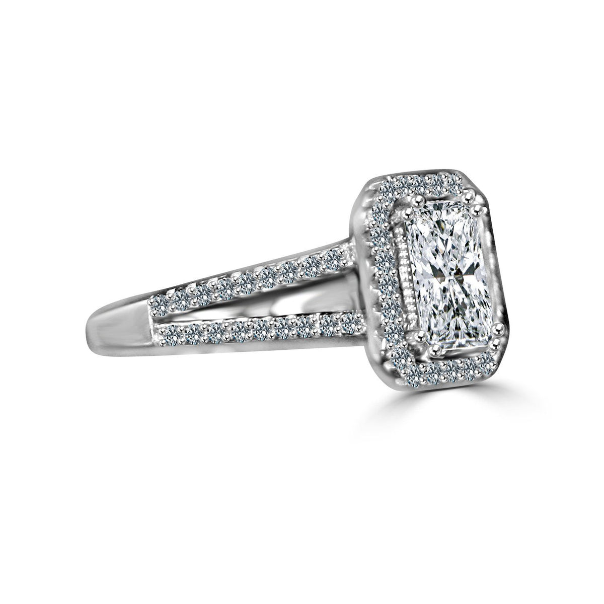 2 CT emerald-cut cubic zirconia split shank halo ring in sterling silver, side view, 635R4013