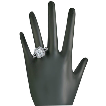 2 CT emerald-cut cubic zirconia split shank halo ring in sterling silver, worn on hand, 635R4013