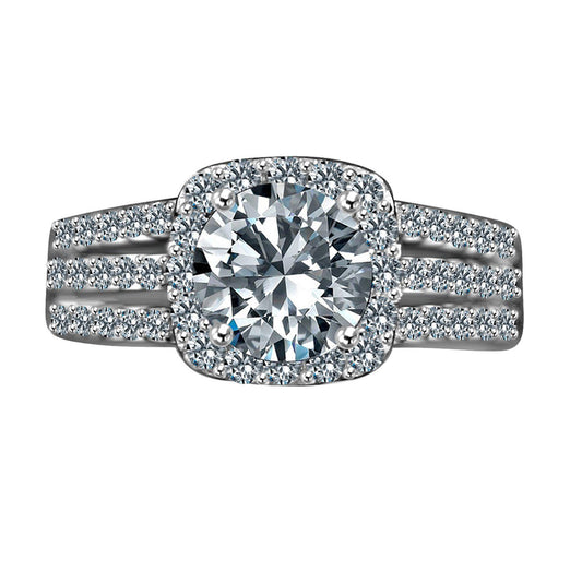 2 CT round cubic zirconia split shank square halo ring in sterling silver, main view, 635R4009