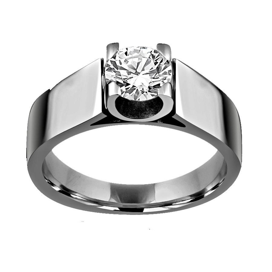 2 CT round cubic zirconia tension-style men's ring in stainless steel, angled view, 635R1061