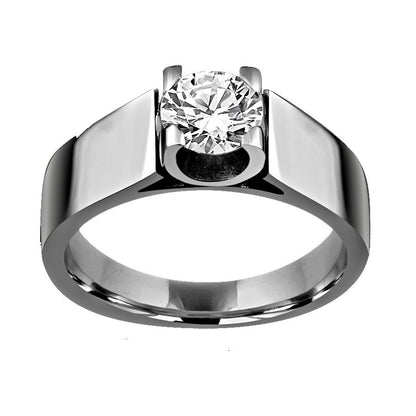 2 CT round cubic zirconia tension-style men's ring in stainless steel, angled view, 635R1061
