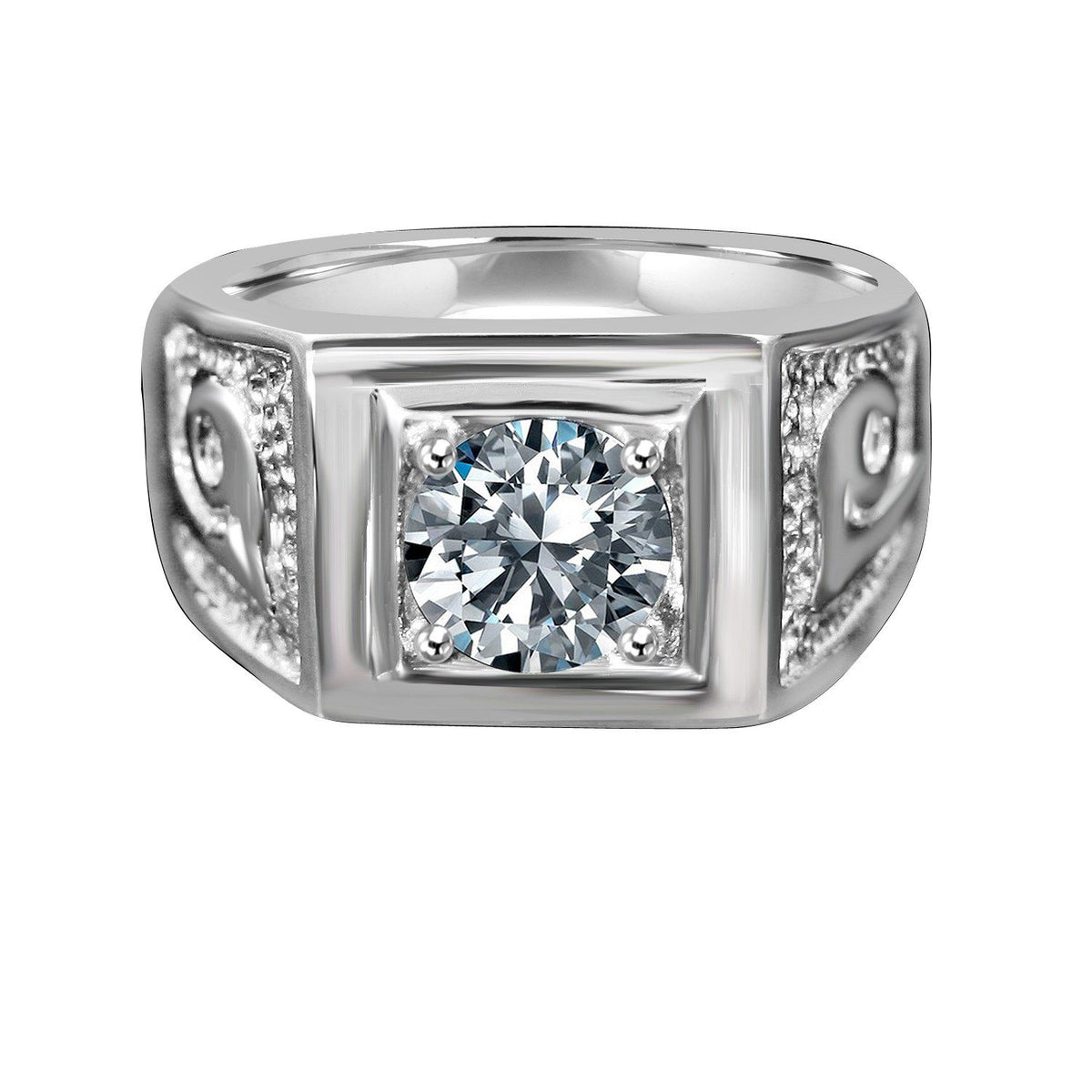 2 CT round cubic zirconia wide band men's ring in stainless steel, main view, 635R1003
