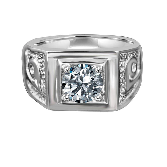 2 CT round cubic zirconia wide band men's ring in stainless steel, main view, 635R1003
