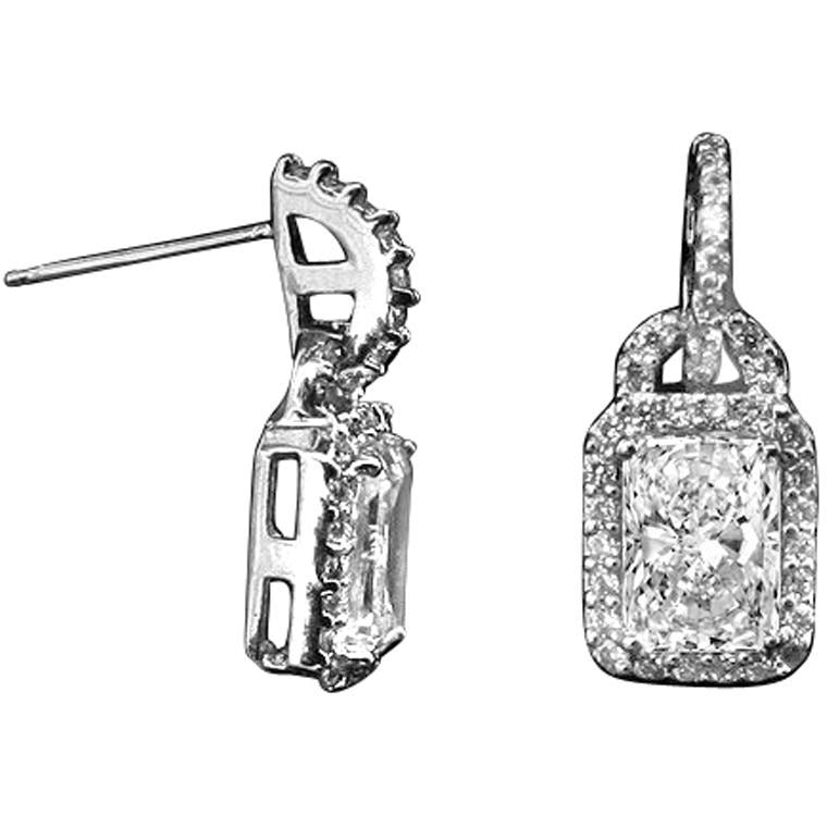 2 CT TW radiant-cut cubic zirconia halo drop earrings in sterling silver, side and front view, 635E15677