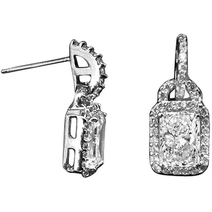 2 CT TW radiant-cut cubic zirconia halo drop earrings in sterling silver, side and front view, 635E15677