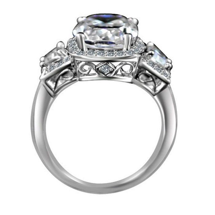 3.5 CT cushion-cut cubic zirconia halo ring with tapered baguettes in 14K gold, alternate view, 635R71567K