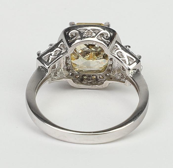 3.5 CT cushion-cut cubic zirconia halo ring with tapered baguettes in 14K gold, alternate view, 635R71567K