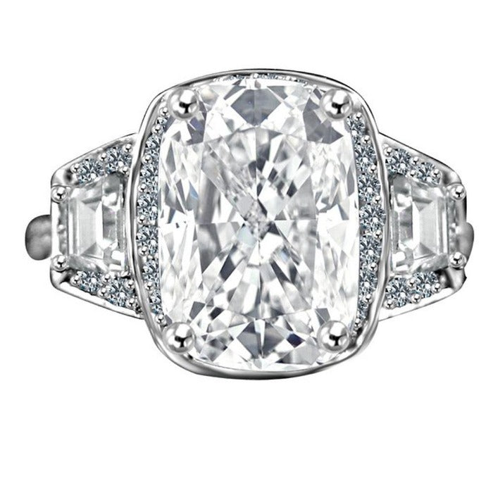 3.5 CT cushion-cut cubic zirconia halo ring with tapered baguettes in 14K gold, alternate view, 635R71567K