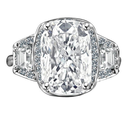 3.5 CT cushion-cut cubic zirconia halo ring with tapered baguettes in 14K gold, alternate view, 635R71567K