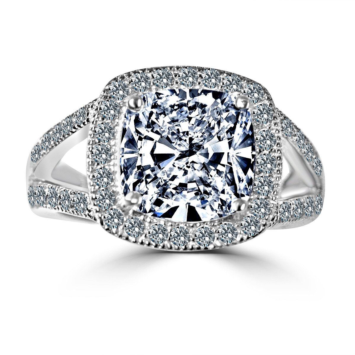 3.5 CT cushion-cut cubic zirconia halo double split shank ring in 14K gold, alternate view, 635R0246K