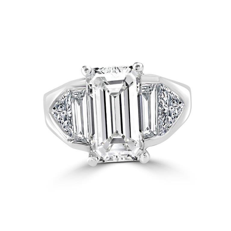 3.5 CT emerald-cut cubic zirconia three-stone ring in sterling silver, main view, 635R71371