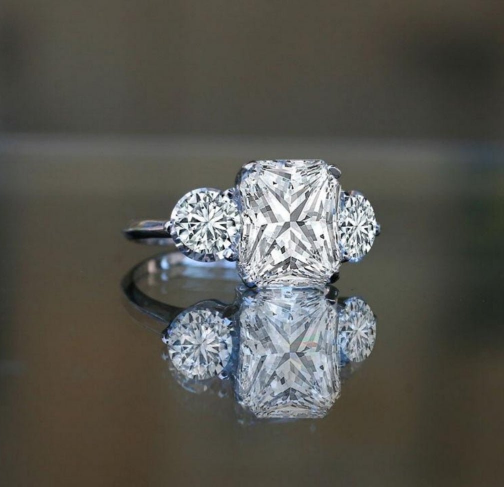 3.5 CT emerald-cut cubic zirconia three-stone ring in sterling silver, alternate view, 635R72118EC