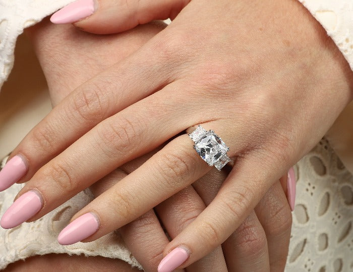 3.5 CT radiant-cut cubic zirconia three-stone ring in sterling silver, alternate view, 635R71267