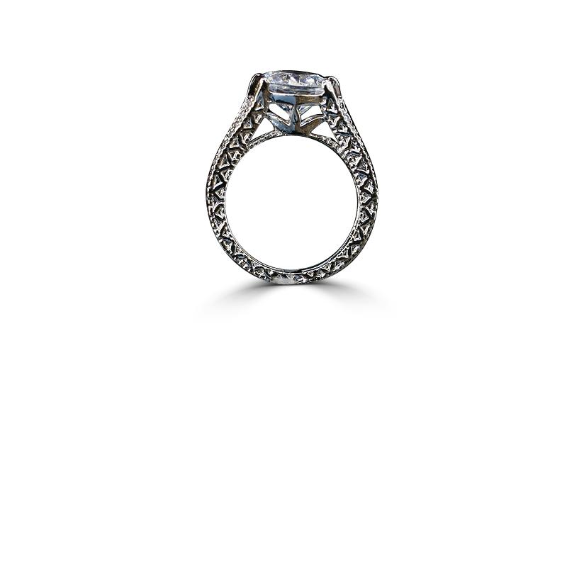 3 CT.(9mm) Intensely Radiant Round Diamond Veneer Cubic Zirconia Tension Style Vintage Miligree Design Engagement Set in Sterling Silver Ring. 635R13624 | Yaacov Hassidim