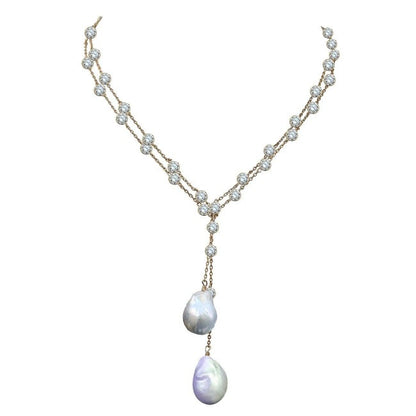 36" Zirconite Cubic Zirconia w/two genuine Baroque Pearls Tassel Necklace,  BZBYX30P36
