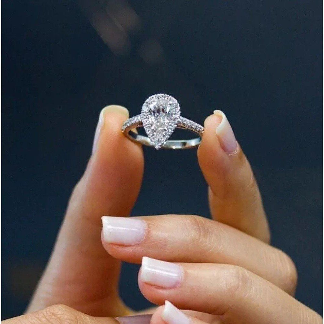 4 CT pear-cut cubic zirconia halo ring in 14K gold, alternate view, 635R71421K