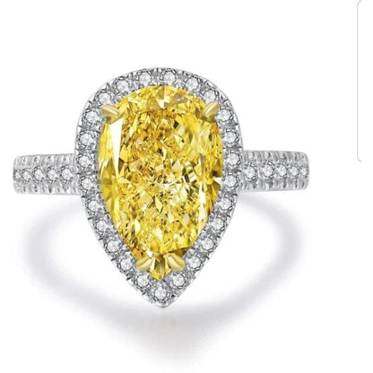 4 CT pear-cut cubic zirconia halo ring in 14K gold, canary yellow stone, white gold, 635R71421K