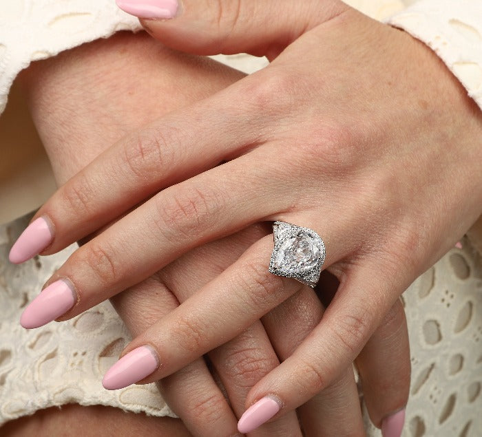 4 CT pear-cut cubic zirconia three-stone halo ring in sterling silver, alternate view, 800R513
