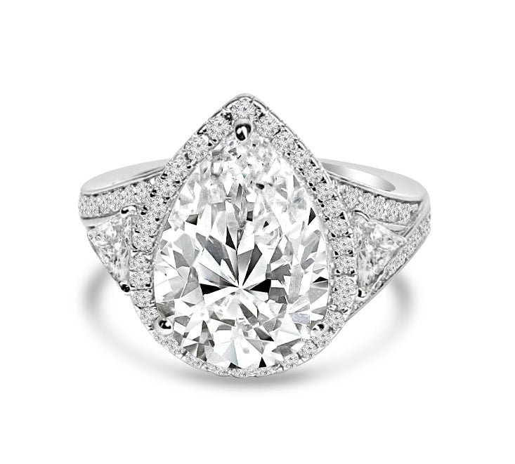4 CT pear-cut cubic zirconia three-stone halo ring in sterling silver, main view, 800R513