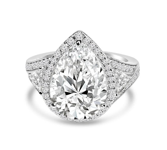 4 CT pear-cut cubic zirconia three-stone halo ring in sterling silver, main view, 800R513