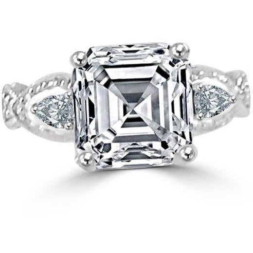 5 CT Asscher-cut cubic zirconia three-stone ring in sterling silver, main view, 635R71572