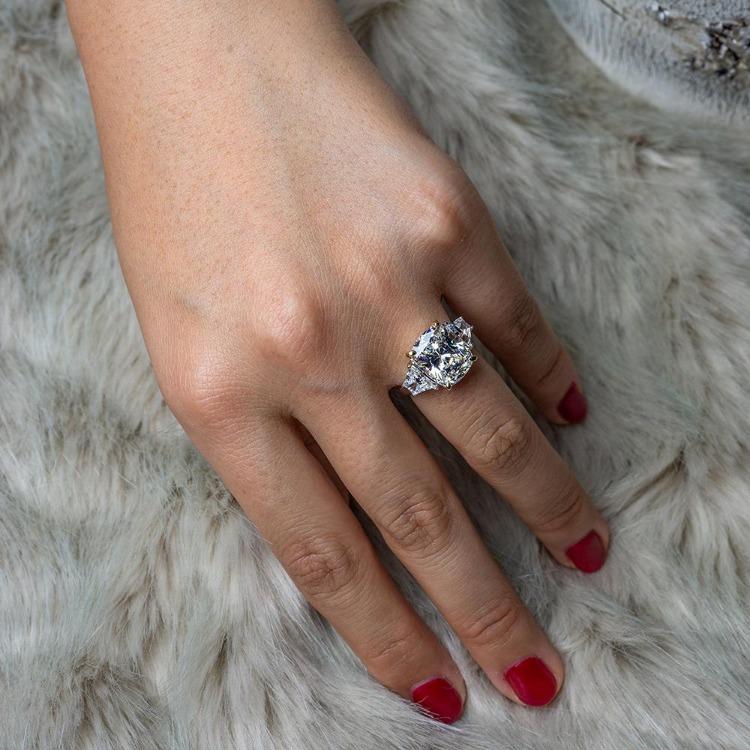 5 CT cushion-cut cubic zirconia three-stone engagement ring in sterling silver, alternate view, 801R9009